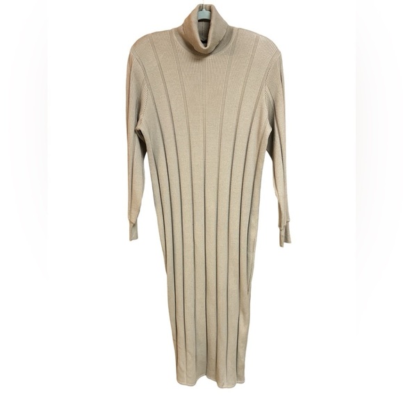 Andrea Jovine Ribbed Pure Wool Maxi Long-sleeved Stretch Turtleneck Dress Medium - Picture 3 of 5